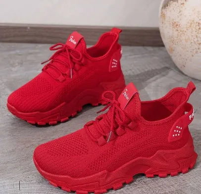 Women's Flyknit mesh casual sports shoes in multiple colours showing flat heel and lace-up design