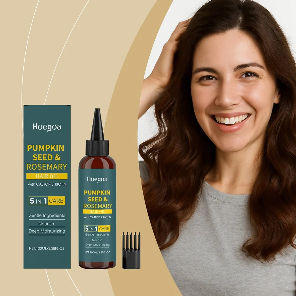 Rosemary essential oil bottle with pointed applicator and detangling comb for hair treatment