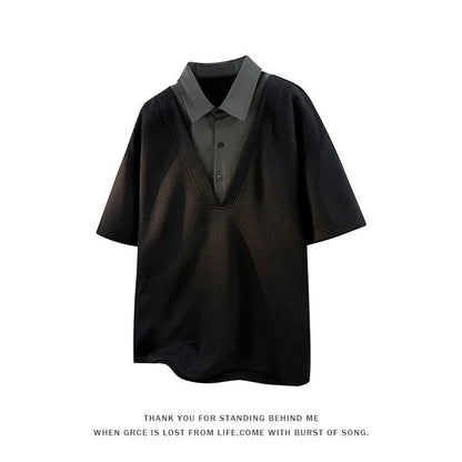 Men's heavy Henry collar polo shirt sweater in thin knit Spandex with padded detail, short sleeve pullover design