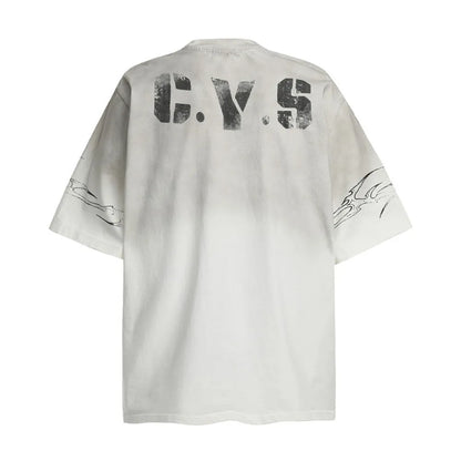 Men's black and white pure cotton short-sleeved printed t-shirt on a hanger.