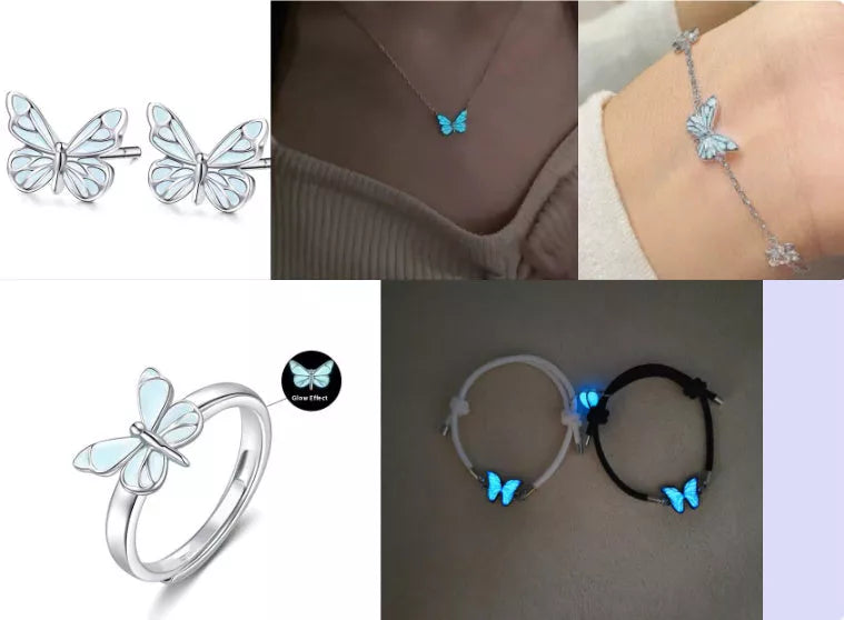 Glow-in-the-dark blue butterfly necklace and bracelet set for women, perfect for parties and gifts.