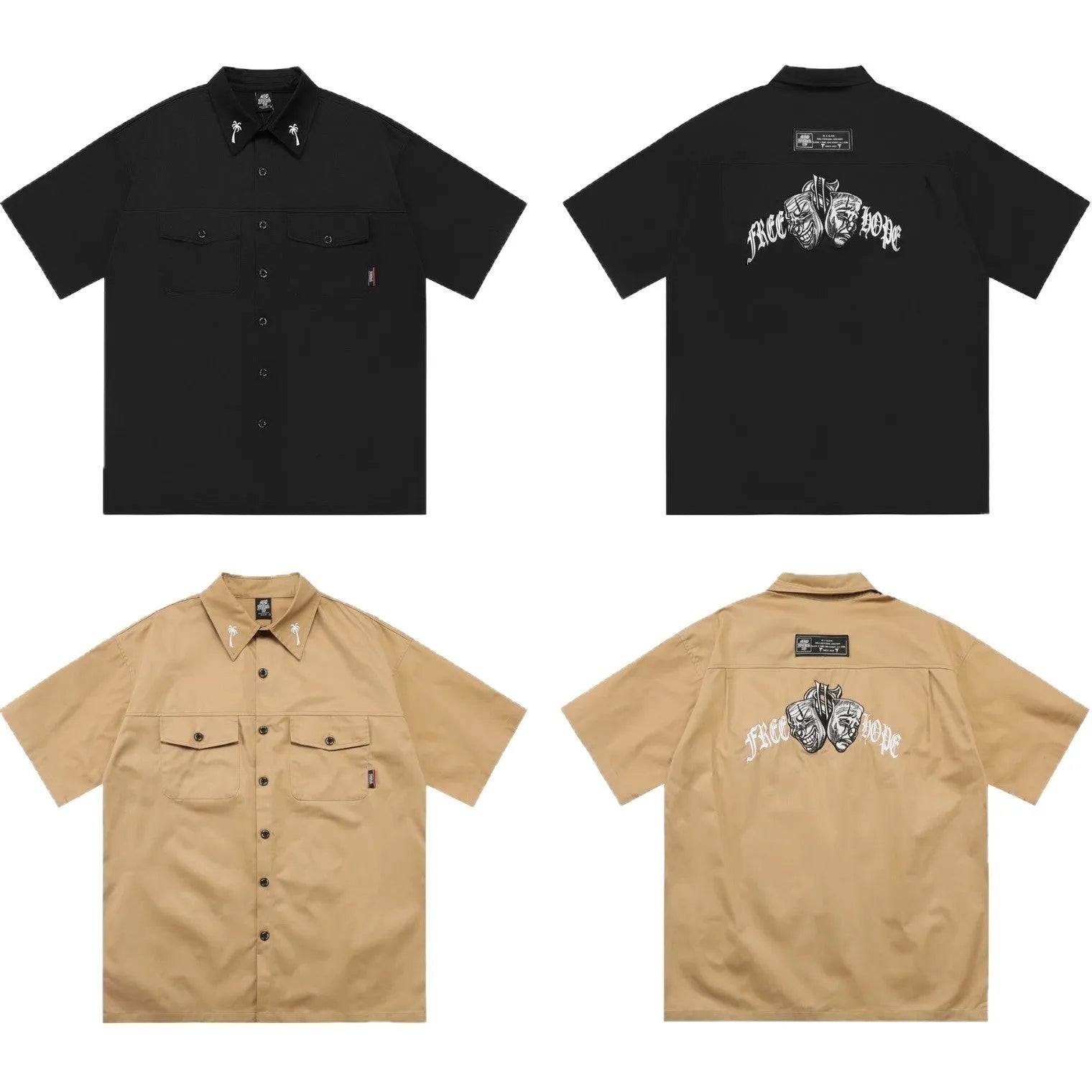 Man wearing a black cotton blend half-sleeve loose fit work shirt with embroidered detail.