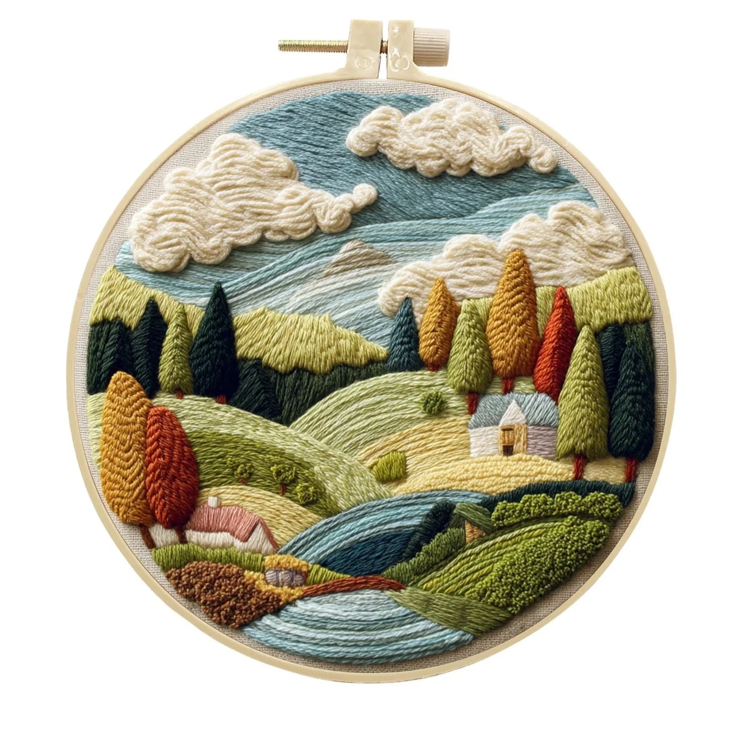 Embroidery DIY landscape kit with bamboo frame, printed fabric, thread, and needles for textile art