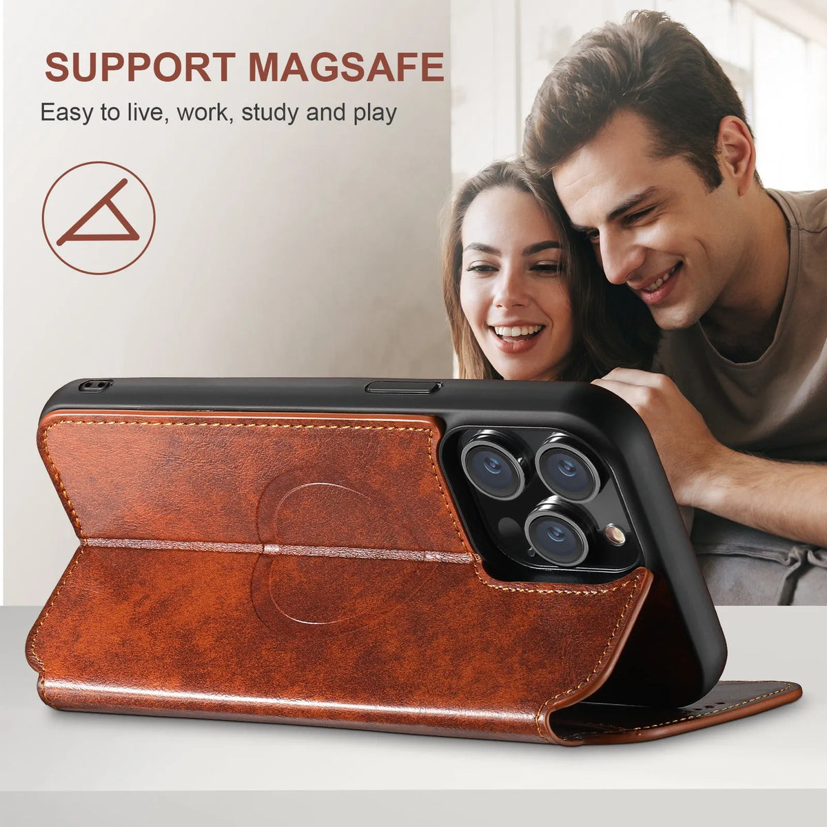 Magnetic leather iPhone case with bracket and card slot, PU TPU, Black Blue Brown Khaki, for iPhone 12 to 15 Pro Max