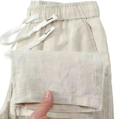 Pure linen Chinese style elastic waist trousers in straight leg cut with drawstring closure