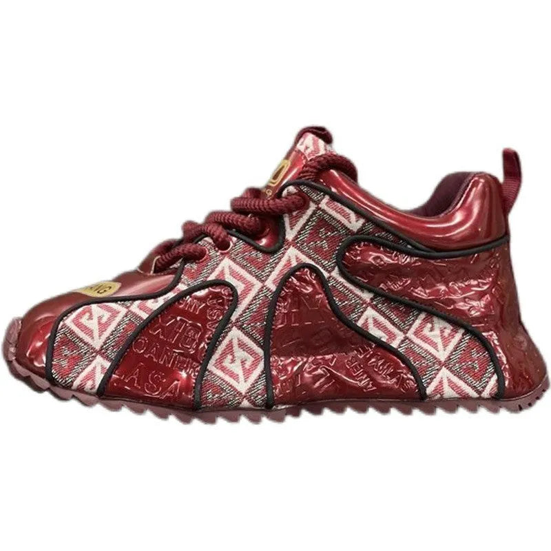 Men's embroidery stitch platform casual shoes in scarlet colour with round toe and lace-up front
