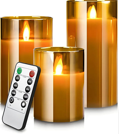 LED electronic remote control candle with swinging flame in smoky gray, transparent white, and amber gold styles
