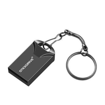 Silver metal USB flash drive with a carabiner keychain clip attached