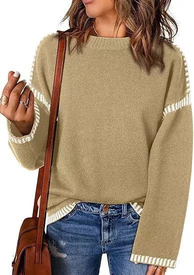 Women's acrylic round neck pullover sweater with flared sleeves in various colors