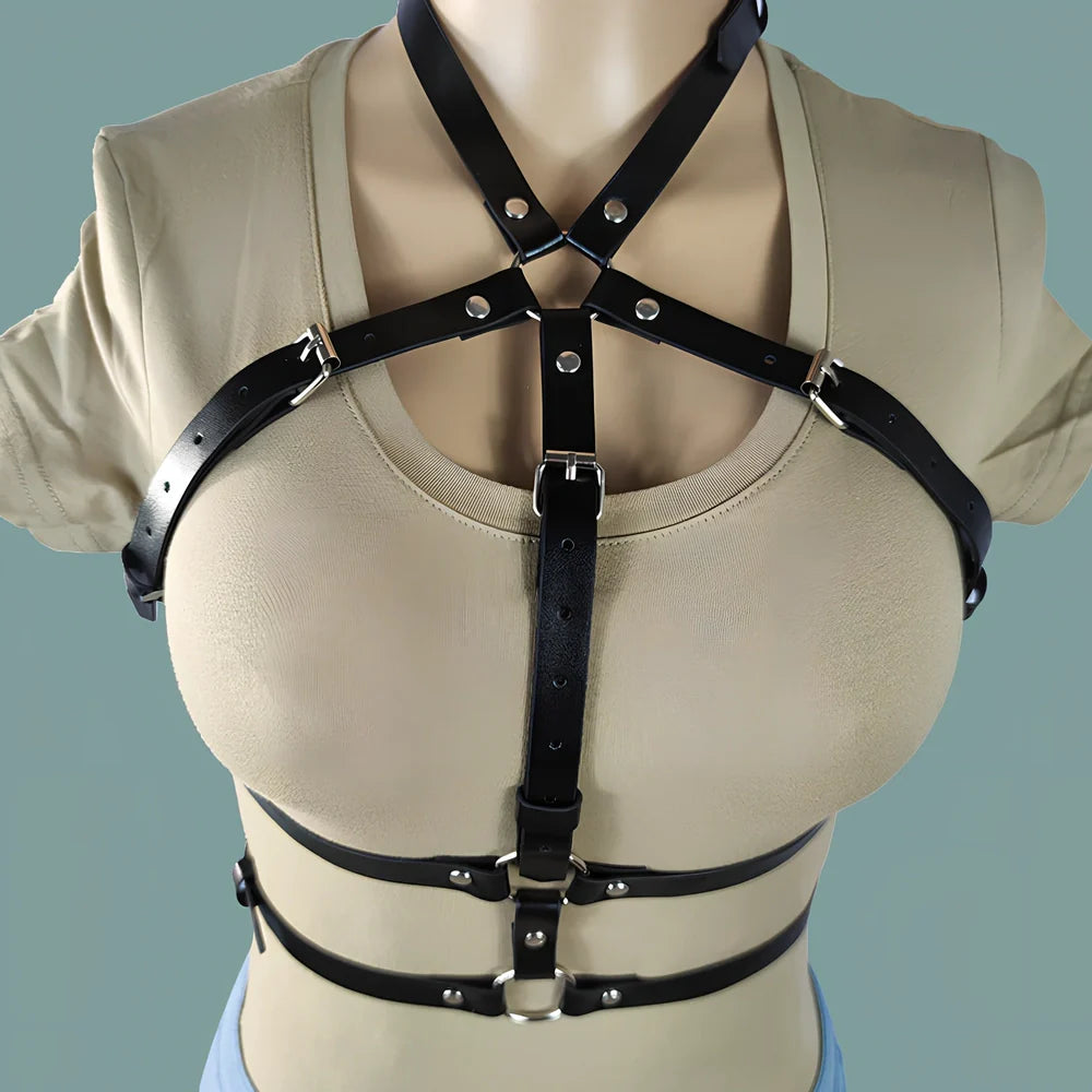 Black leather BDSM harness set showing adjustable 1.5cm width and four-piece coordinated design