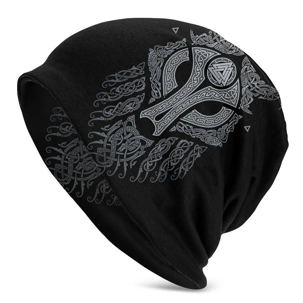 A black cotton hat with a white Viking wolf graphic and an elasticated sleeve cap construction.
