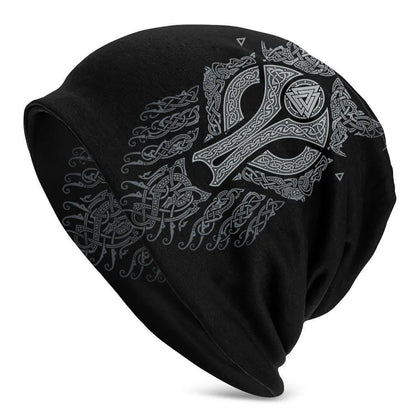 A black cotton hat with a white Viking wolf graphic and an elasticated sleeve cap construction.