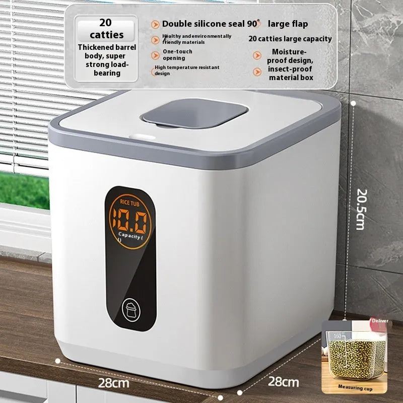 Gray food-grade plastic rice jar with airtight lid and measuring cup for insect-proof storage