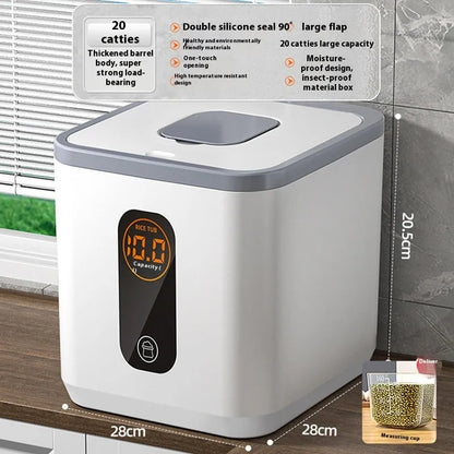 Gray food-grade plastic rice jar with airtight lid and measuring cup for insect-proof storage