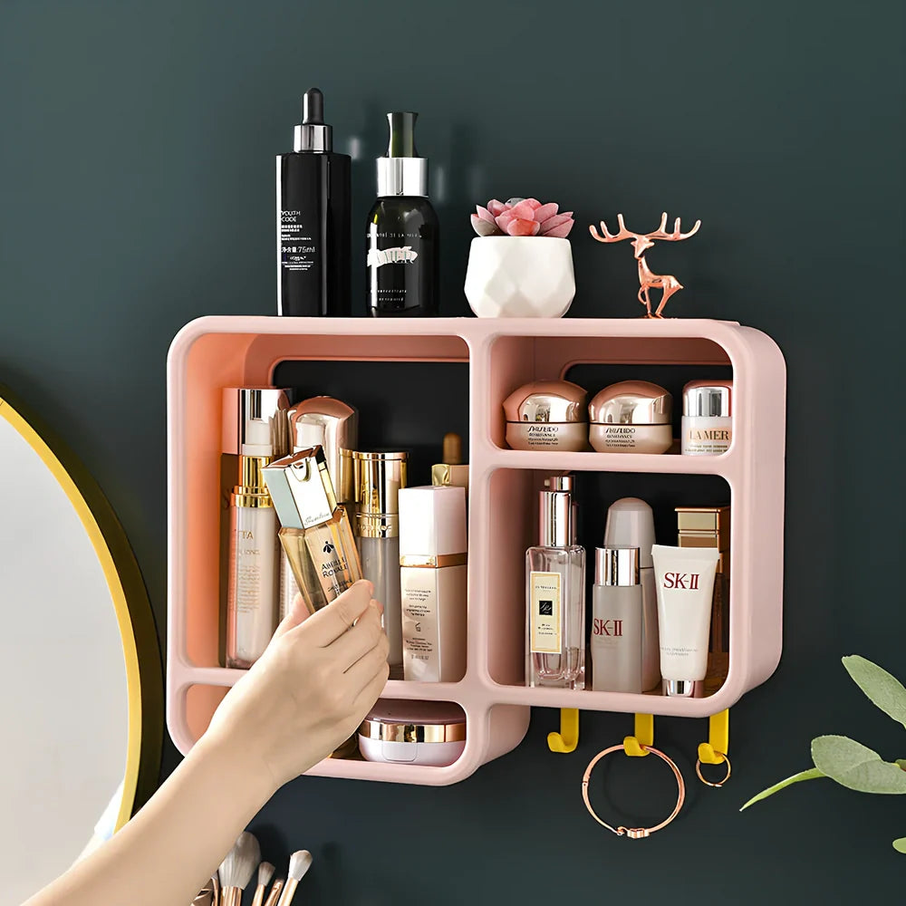 White wall-mounted cosmetics storage shelf measuring 36.2x27.2cm with dust-proof design