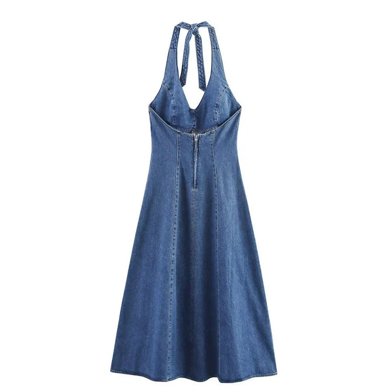 Women's off-the-shoulder backless denim dress with lace-up detail and A-line skirt in streetwear style