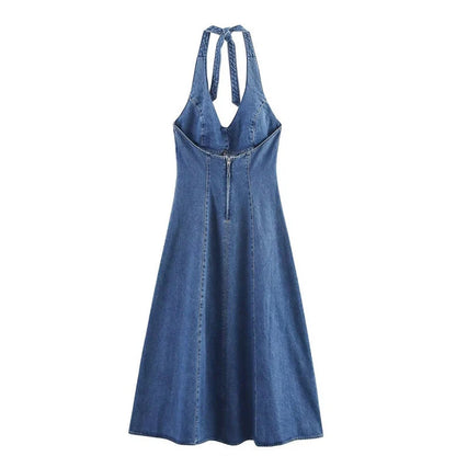 Women's off-the-shoulder backless denim dress with lace-up detail and A-line skirt in streetwear style