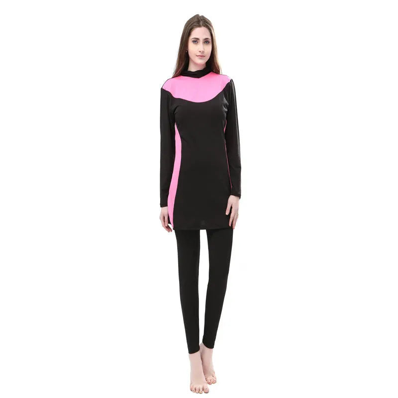 Swimsuit for women conservative sun protection long sleeve hooded split style in black with colour panels solid polyester fabric for swimming and wading available in sizes S M L XL XXL 3XL 4XL 5XL
