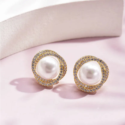Rose pearl stud earrings with silver needle, rhinestone inlay, copper geometric circle design, white or yellow gold colour.
