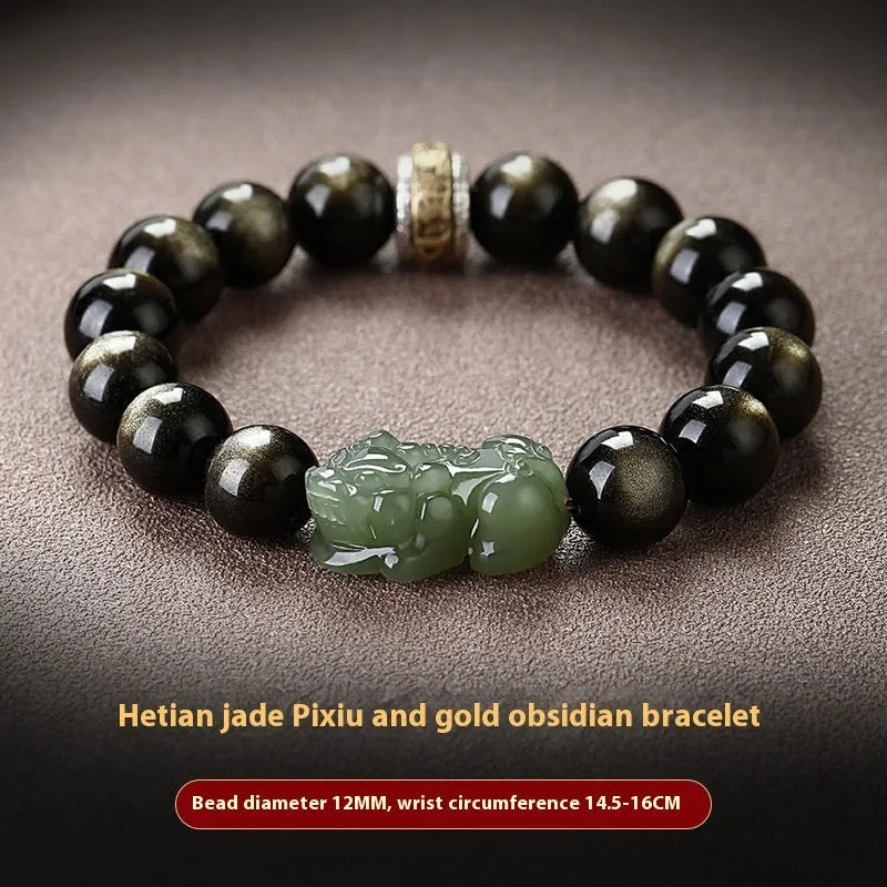 Rainbow eye obsidian beaded bracelet in gold obsidian and jade pi xiu colours.