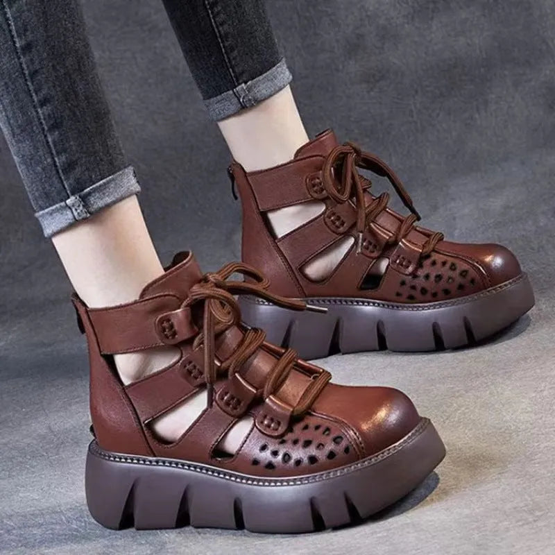 Women's platform sandals with hollow hole design in cowhide leather and fish mouth toe shape