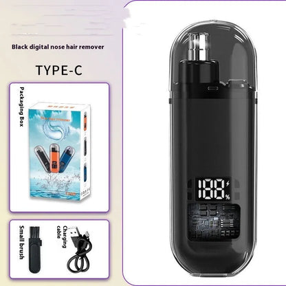 Rechargeable nose hair trimmer with digital display, removable cutter head, and cleaning brush.