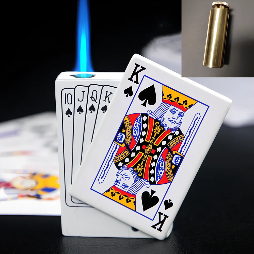 Metal poker gas lighter keychain with direct punch king design, 6cm length, attached ring for keys