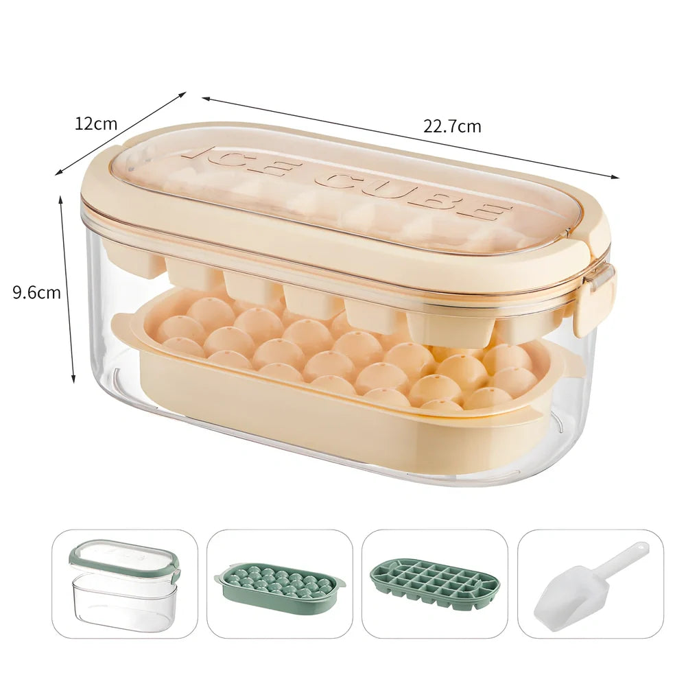 Portable ice box with silicone grid producing 54 ice cubes, showing beige and fresh green colour options