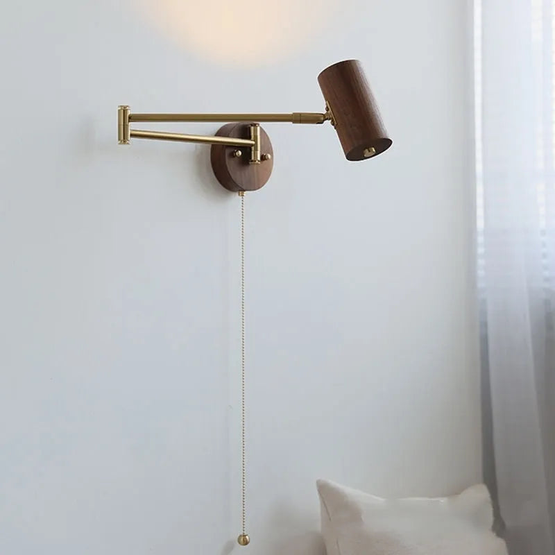 Vintage style wall lamp with rotating long arm and wood finish