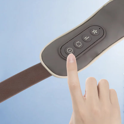 White and grey electric shoulder massager strap with adjustable length showing massage nodes and control button