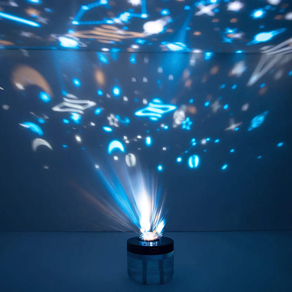 White portable humidifier with rotating projection light showing blue illumination and dual spray mist output