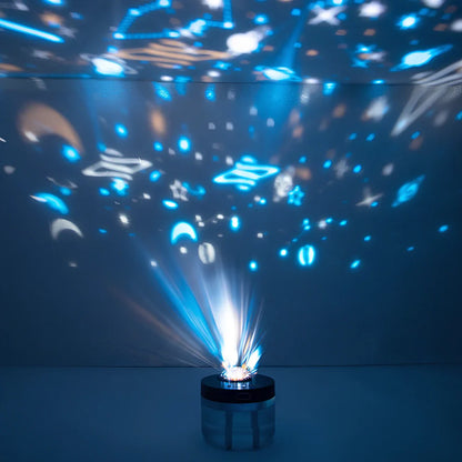 White portable humidifier with rotating projection light showing blue illumination and dual spray mist output