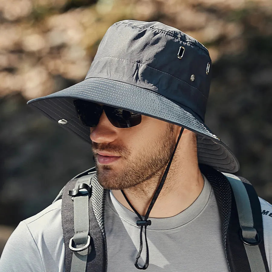 Men's wide brim polyester sunshade hat with dome crown, 58-60cm adult free size, in black, khaki, dark grey, army green or navy blue.