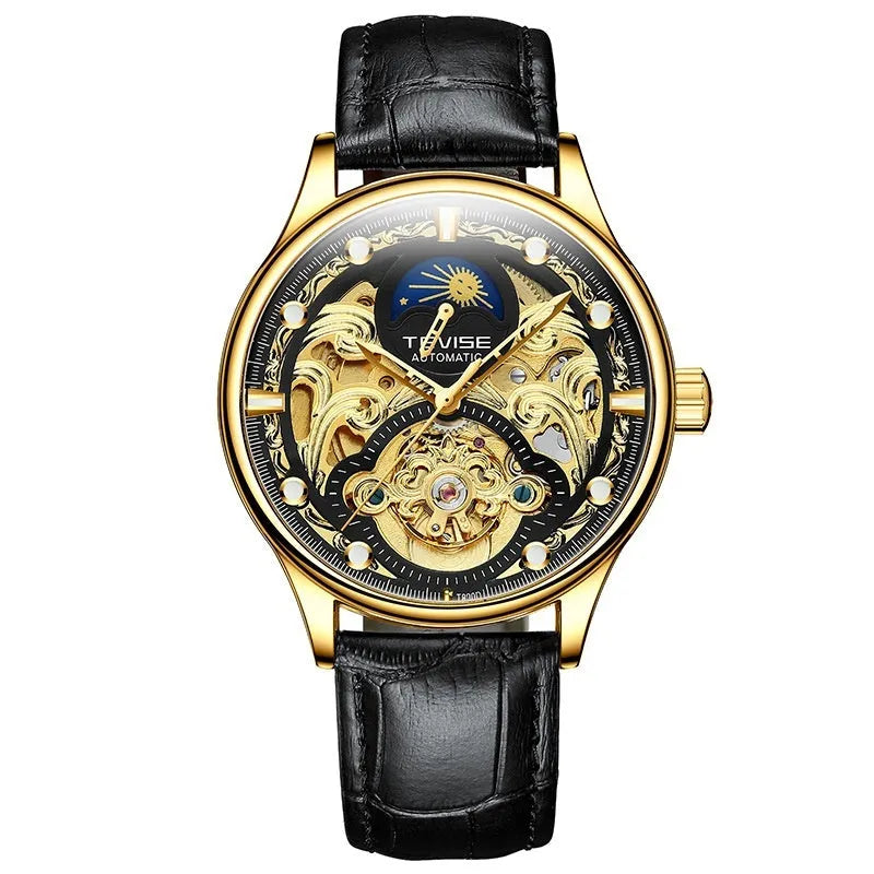 Men's automatic mechanical watch with leather strap showing 16mm thickness and business-style dial design