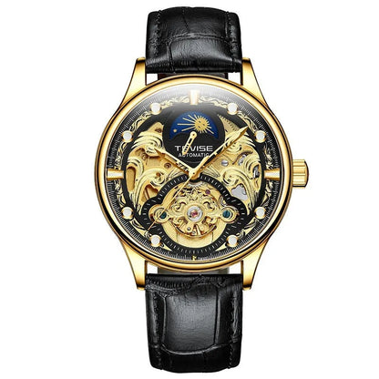 Men's automatic mechanical watch with leather strap showing 16mm thickness and business-style dial design