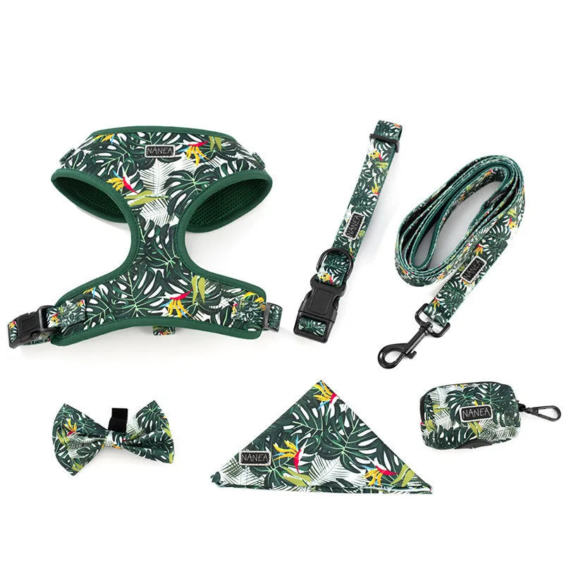 Six-piece adjustable cloth pet harness set with 1.5m haulage rope, collar, pick-up bag, bow tie, and triangular scarf