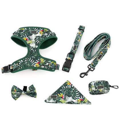 Six-piece adjustable cloth pet harness set with 1.5m haulage rope, collar, pick-up bag, bow tie, and triangular scarf