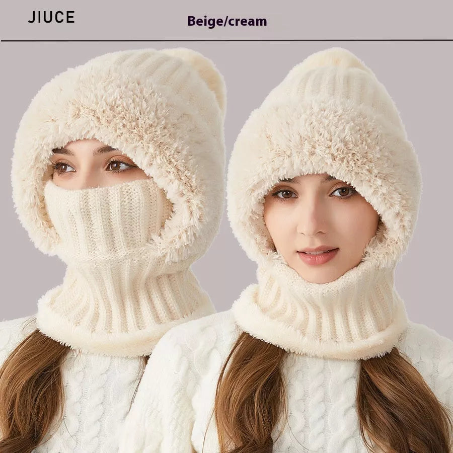 High elastic solid color knitted hat scarf mask one-piece for women in six colors