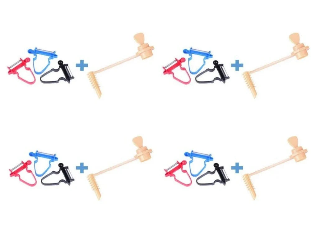 Stainless steel vegetable peeler set with black, blue, red handles and dual swivel blades