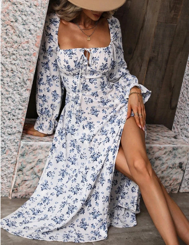 Charming floral long sleeve dress with square neckline and side slit for stylish women