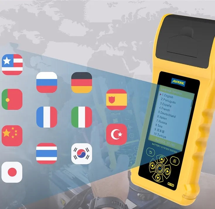 Autool BT760 vehicle battery tester with colour screen, clips, and thermal printer for 12V/24V diagnostics