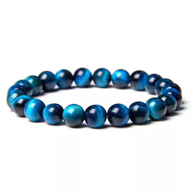 Handmade 8mm blue tiger stone couple bracelet with gold-plated inlay