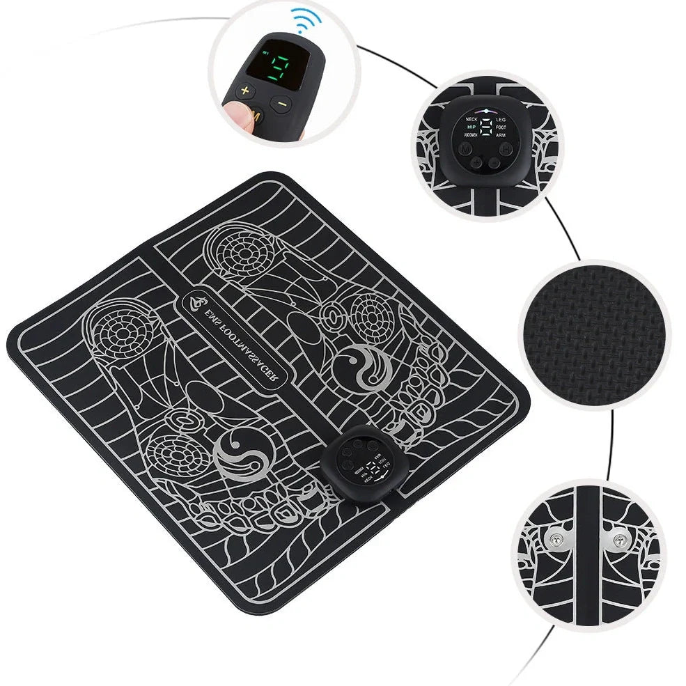 Black remote control EMS foot massage machine with wireless operation and USB charging port