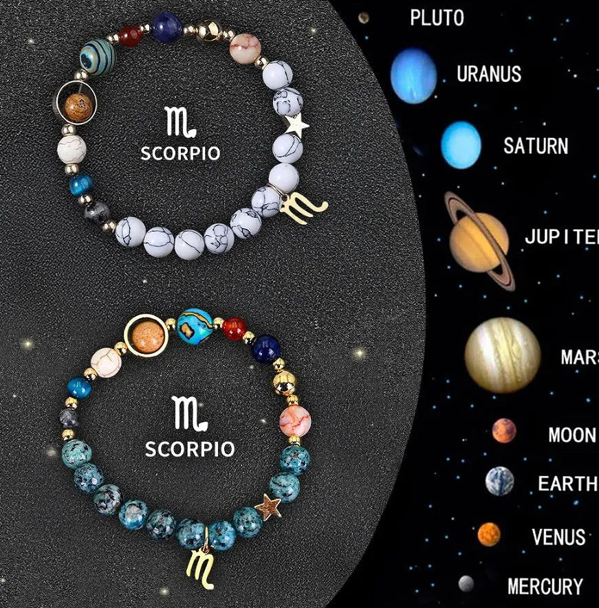 Twelve Zodiac Sign beaded bracelet set with natural stone beads and silver charms on adjustable chain