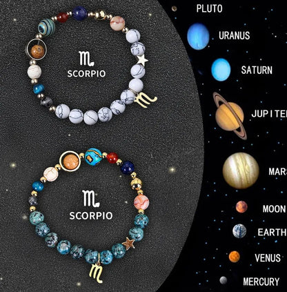 Twelve Zodiac Sign beaded bracelet set with natural stone beads and silver charms on adjustable chain