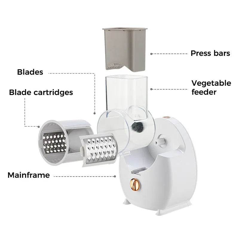 White electric vegetable slicer with feeding port and suction base on kitchen counter