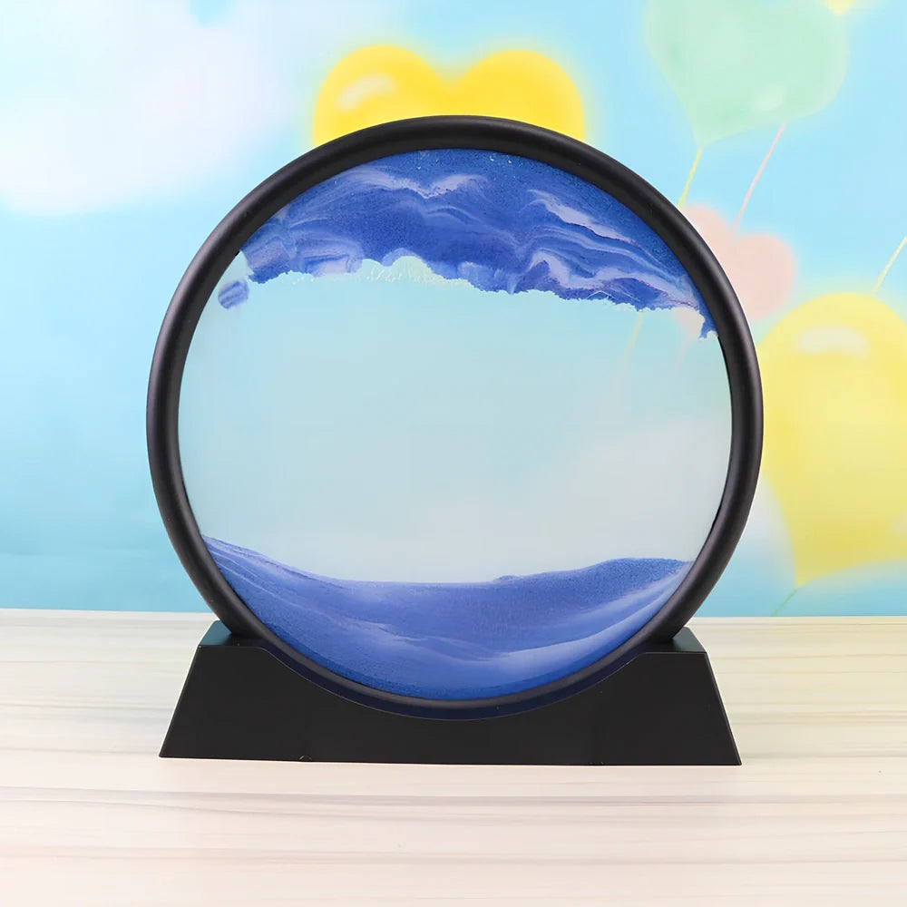 7-inch 3D quicksand painting ornament in blue with 18cm dynamic sand flow inside polished glass frame, 19cm tall