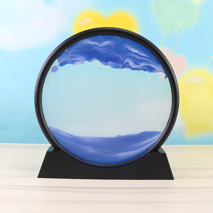 7-inch 3D quicksand painting ornament in blue with 18cm dynamic sand flow inside polished glass frame, 19cm tall