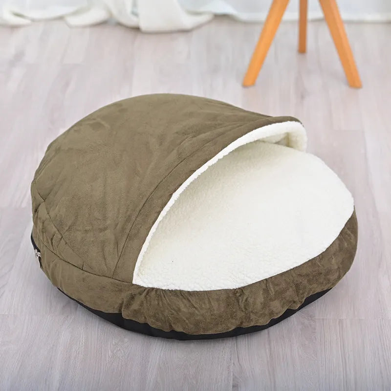 Brown removable cloth dog kennel with washable cover shown beside grey version, both in S and M sizes