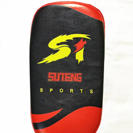 Black with red edges hand-held martial arts target showing 35cm by 19cm striking surface and double adhesive buckle